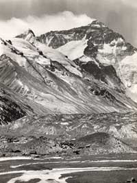 The north face of Everest and Rongbuk Glacier (showing glacial moraine) and Base Camp