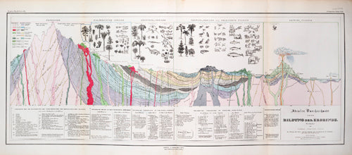 Cross-section of the Earth, showing the processes at work and animals and plants related to each geological era.