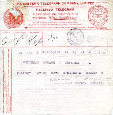 Telegram of Mallory and Irvine's death