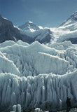 Ice formations in the icefall with Mount Everest in the distance