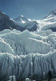 Ice formations in the icefall with Mount Everest in the distance