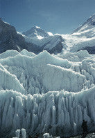 Ice formations in the icefall with Mount Everest in the distance