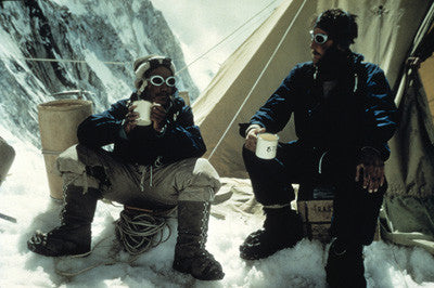 Tenzing Norgay and Edmund Hillary drink tea in the Western Cwm