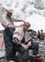 Charles Evans cutting George Lowe's hair at Base Camp