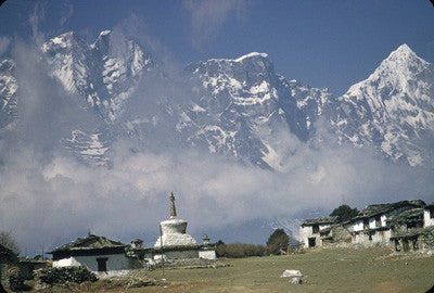 Chorten at Thyangboche with Himalayan peaks behind