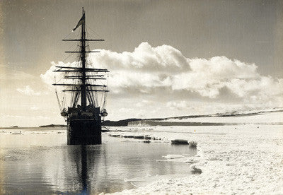 Terra Nova at ice-foot. Barne Cape and glacier in background