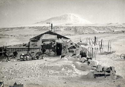 Hut and Mount Erebus photographed by moonlight