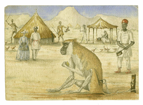 Florence in crinoline with Samuel Baker; monkey in foreground